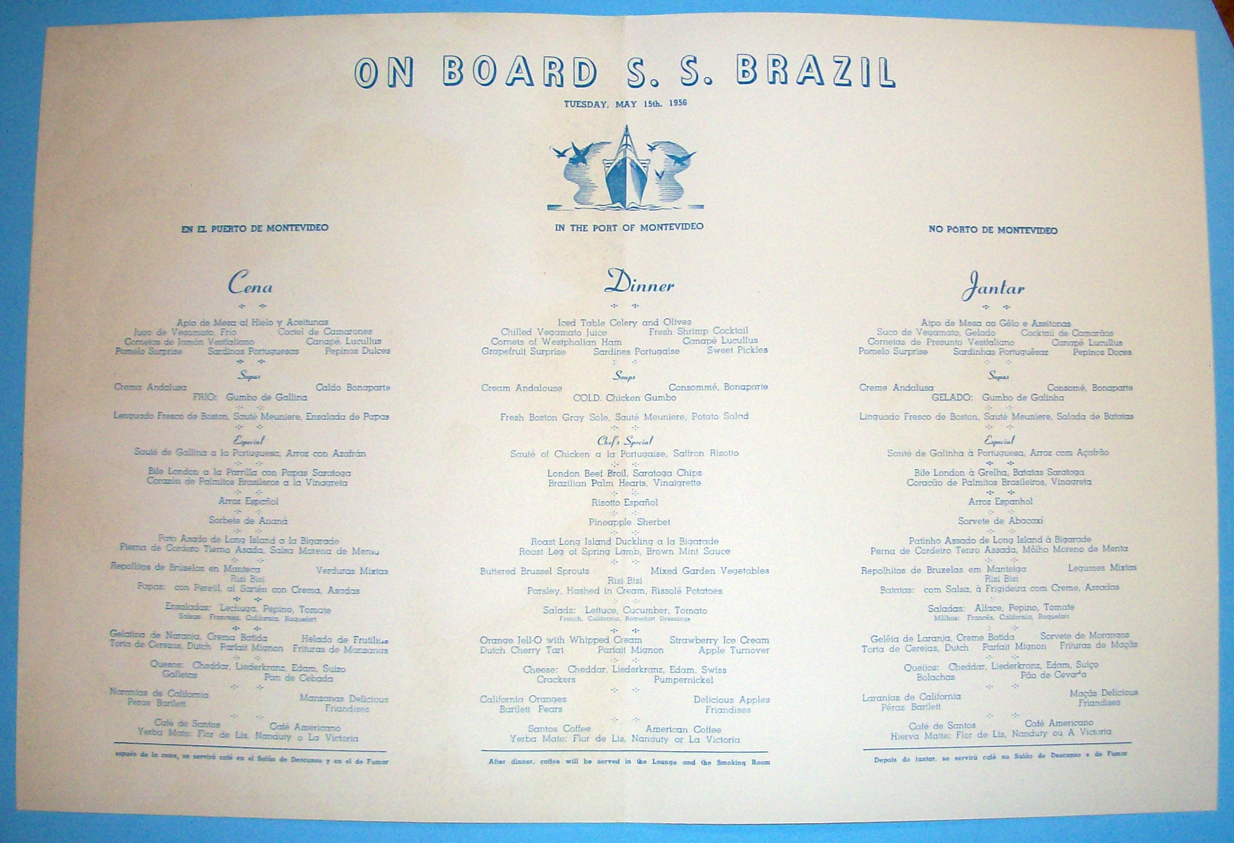 S. S. Brazil Menu (Moore Mc Cormack Lines) May 15, 1956