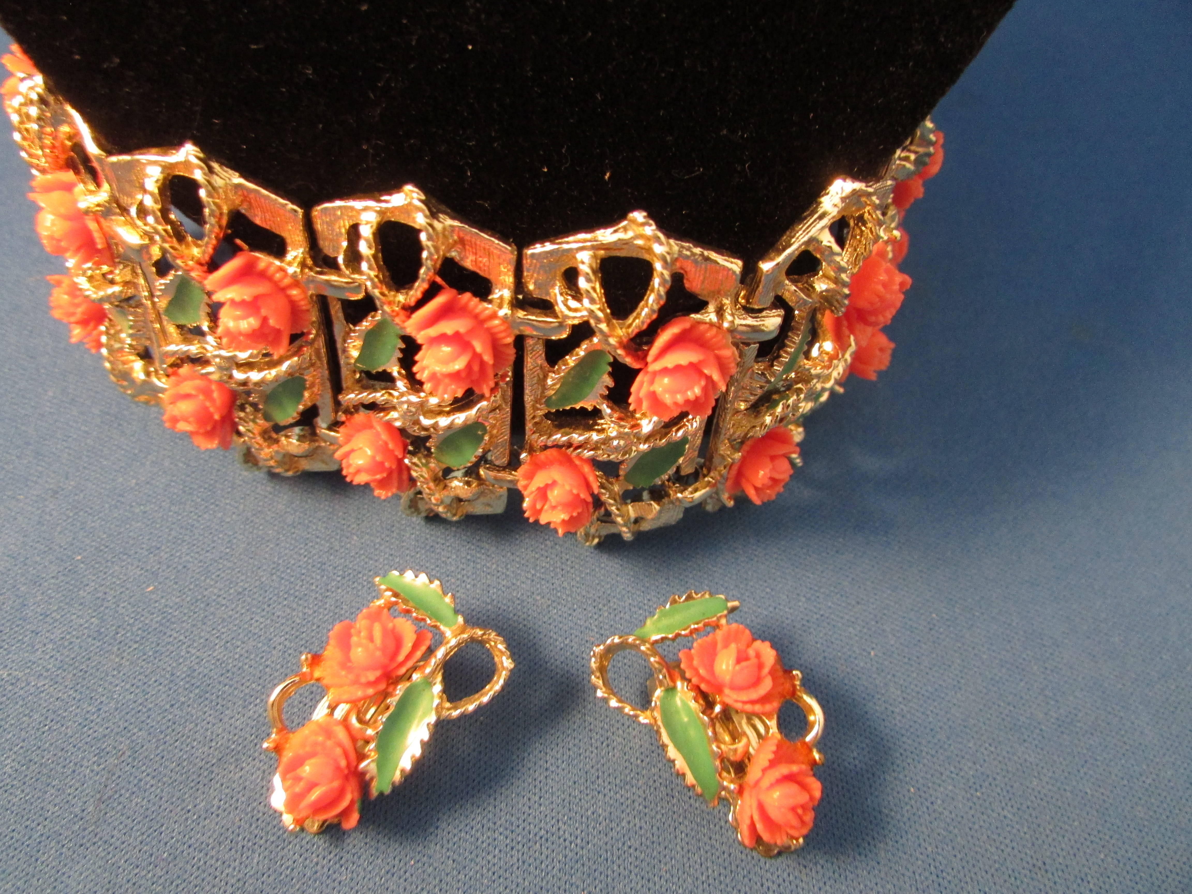 Coral Flowered Bracelet and Matching Earrings