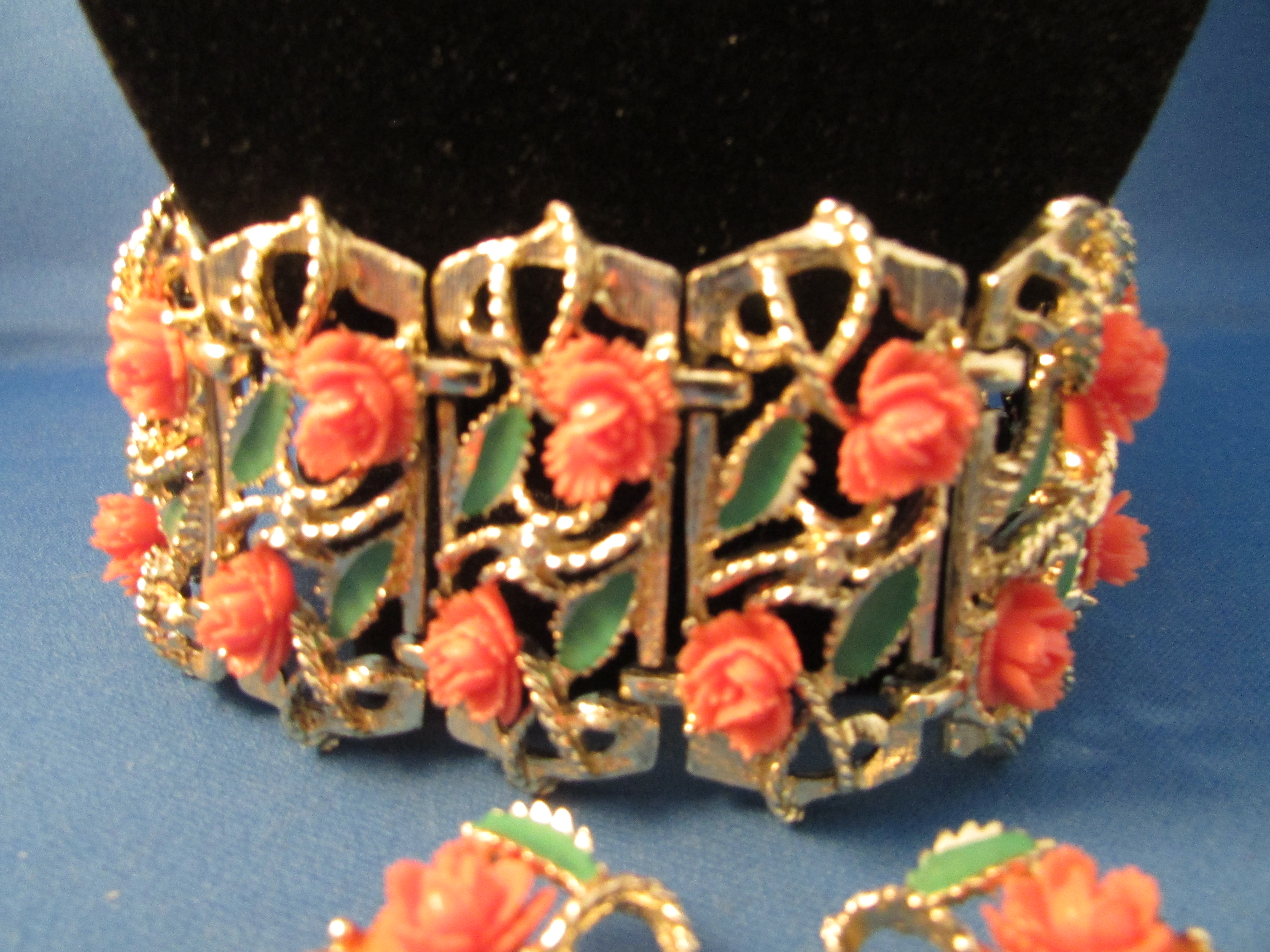 Coral Flowered Bracelet and Matching Earrings
