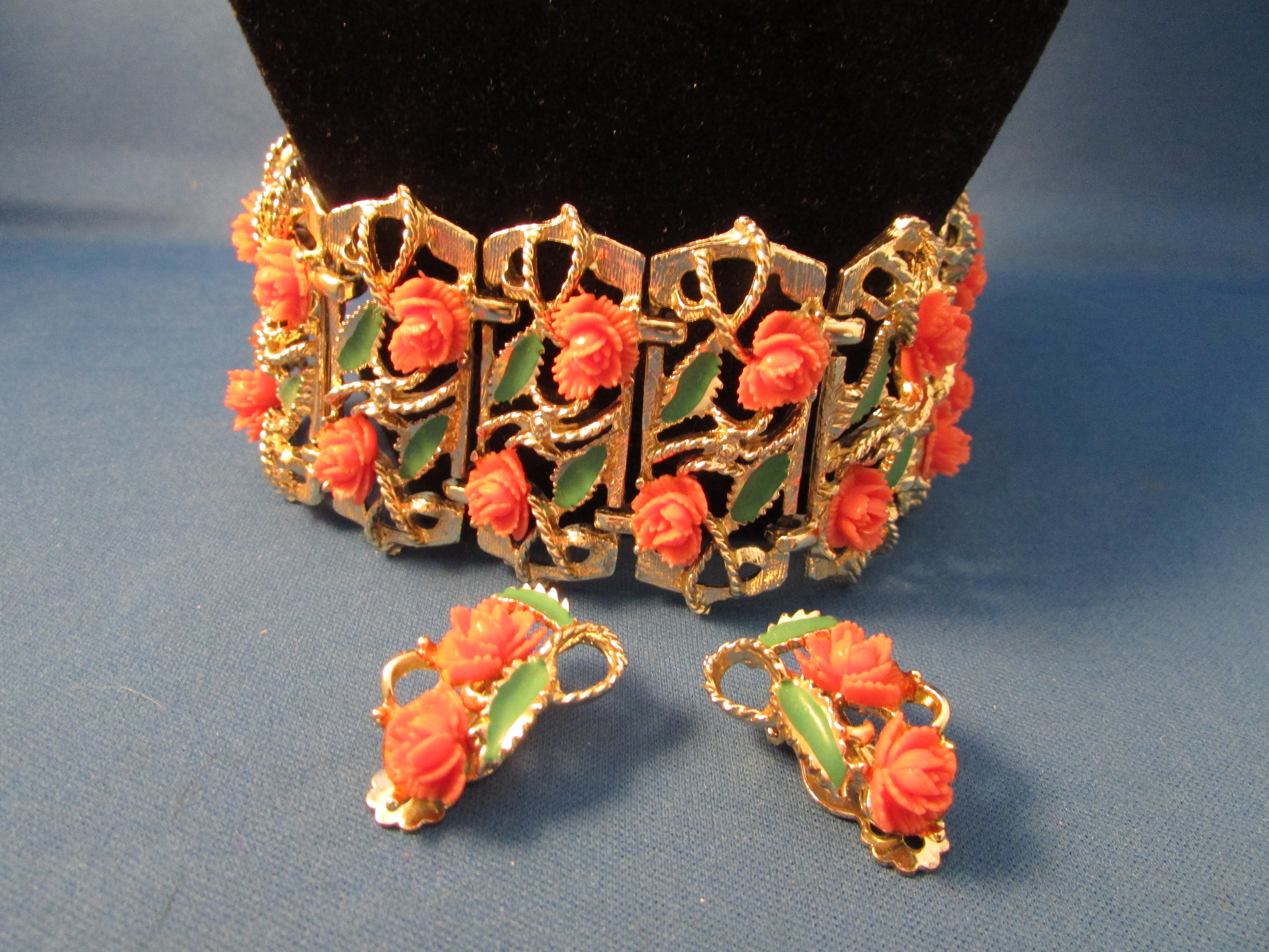 Coral Flowered Bracelet and Matching Earrings