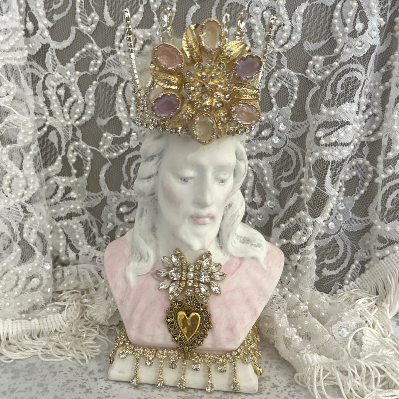 Vintage Sacred Heart of Jesus Catholic Statue, Jeweled Rhinestone Crown, Pastel Pink, Shabby Chic