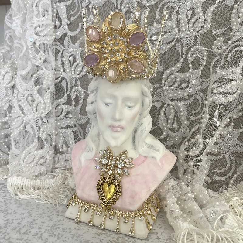 Vintage Sacred Heart of Jesus Catholic Statue, Jeweled Rhinestone Crown, Pastel Pink, Shabby Chic