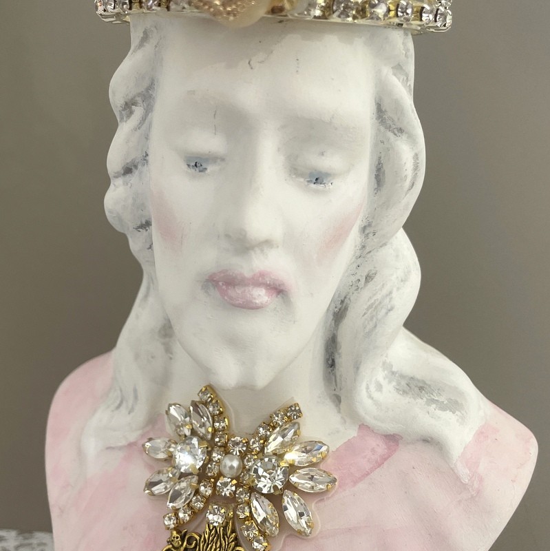 Vintage Sacred Heart of Jesus Catholic Statue, Jeweled Rhinestone Crown, Pastel Pink, Shabby Chic