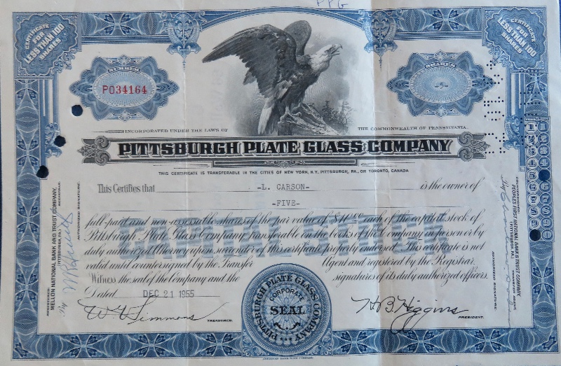 1955 Pittsburgh Plate Glass Company Stock Certificate
