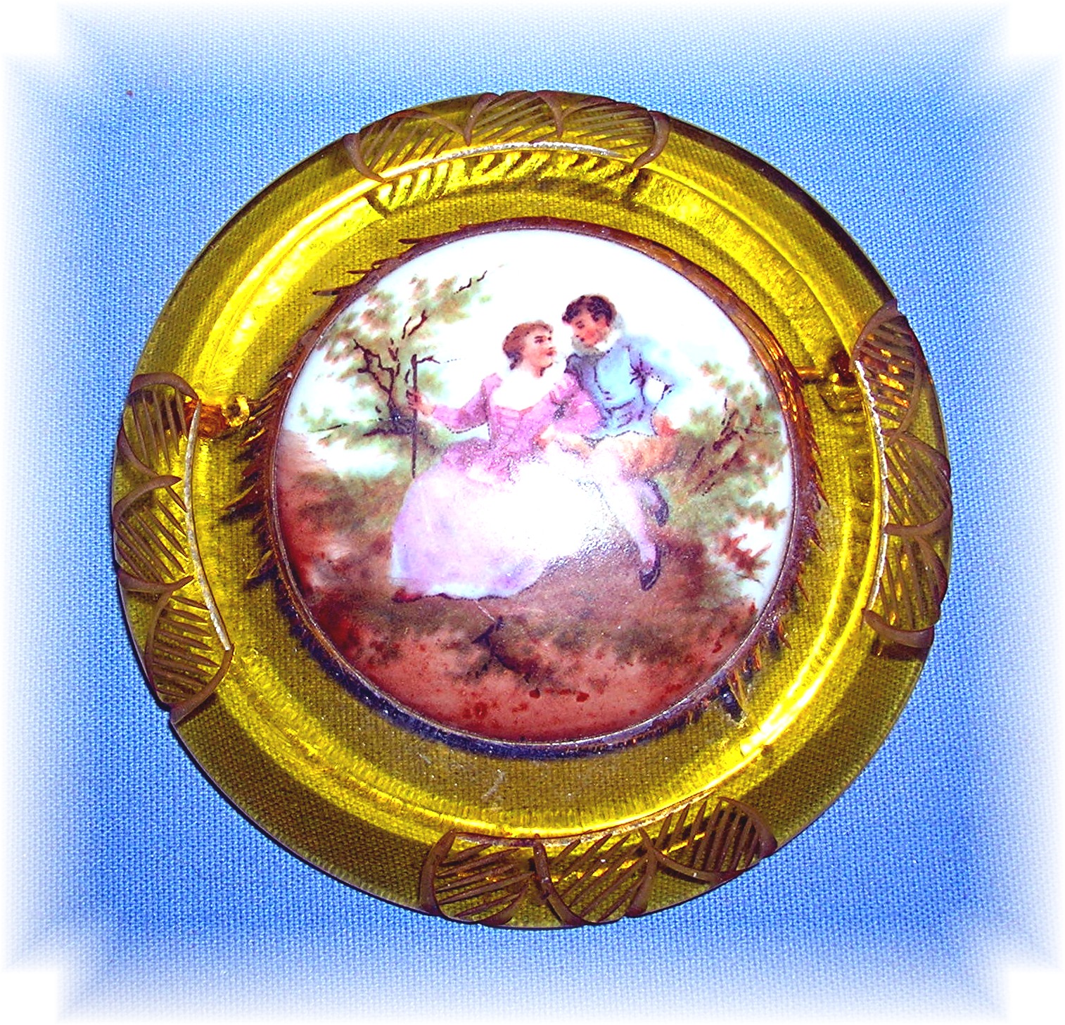 Bakelite Applejuice & Handpainted Porcelain Cameo Brooc
