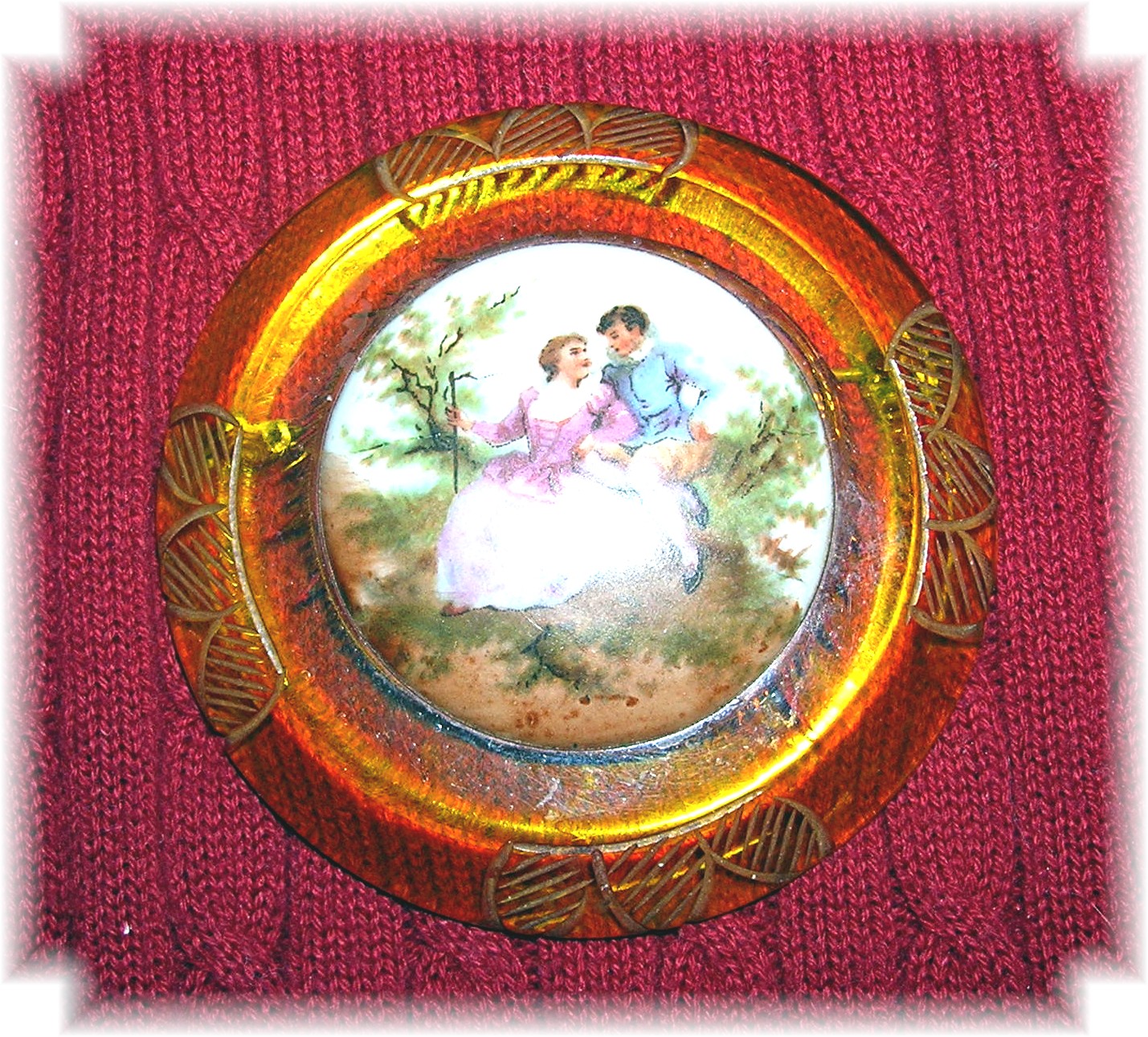 Bakelite Applejuice & Handpainted Porcelain Cameo Brooc