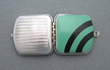 Enamel Black Green Art Deco Look Mirror Pill Box