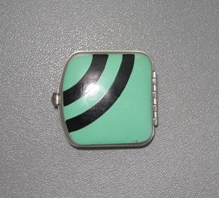 Enamel Black Green Art Deco Look Mirror Pill Box