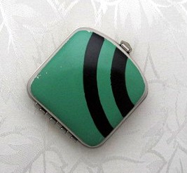 Enamel Black Green Art Deco Look Mirror Pill Box