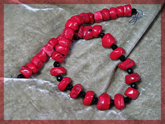 Coral Black Jet Sterling Silver S Clasp Necklace
