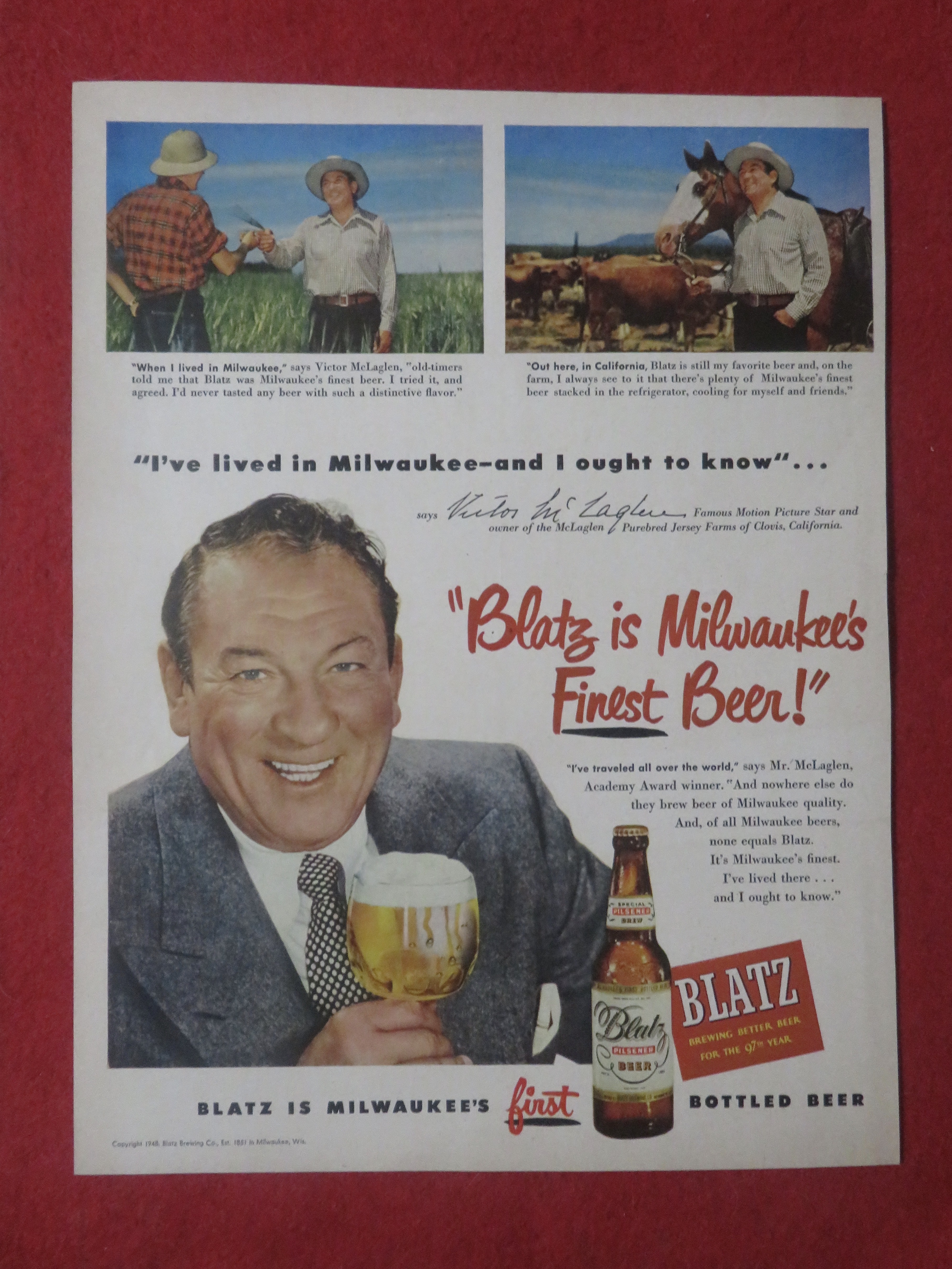 1948 Blatz Beer with Famous Motion Star Victor McLaglen
