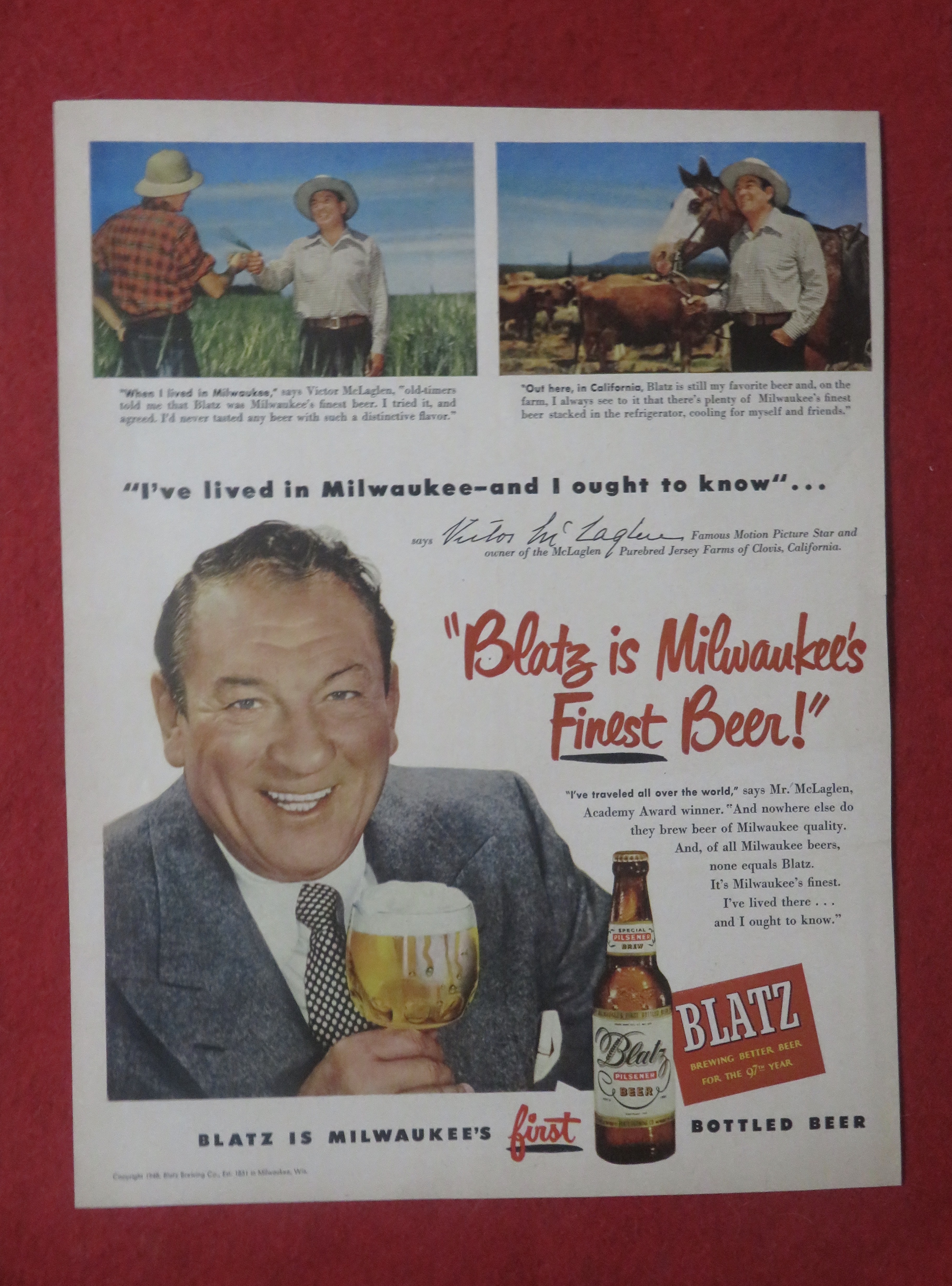 1948 Blatz Beer with Famous Motion Star Victor McLaglen