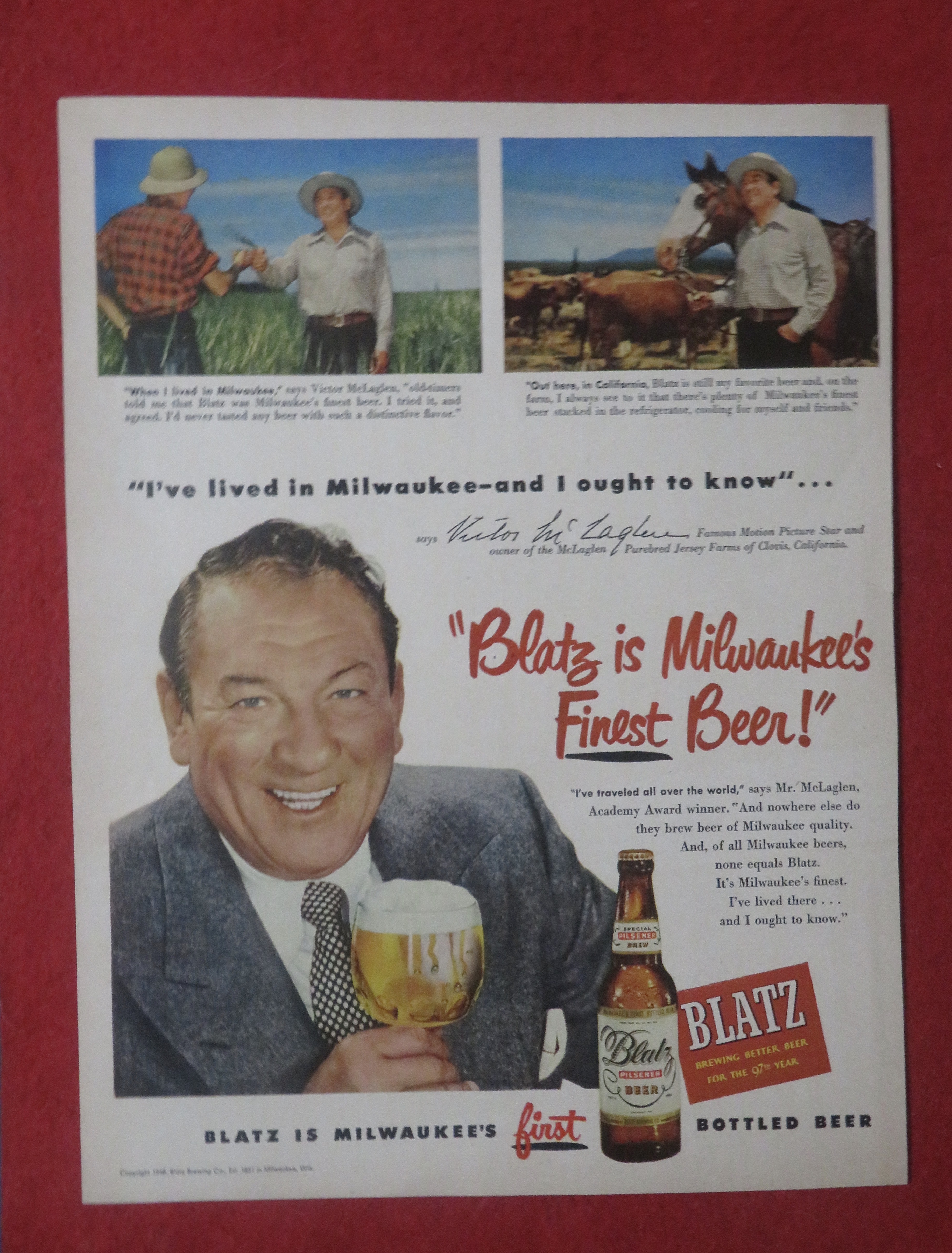 1948 Blatz Beer with Famous Motion Star Victor McLaglen