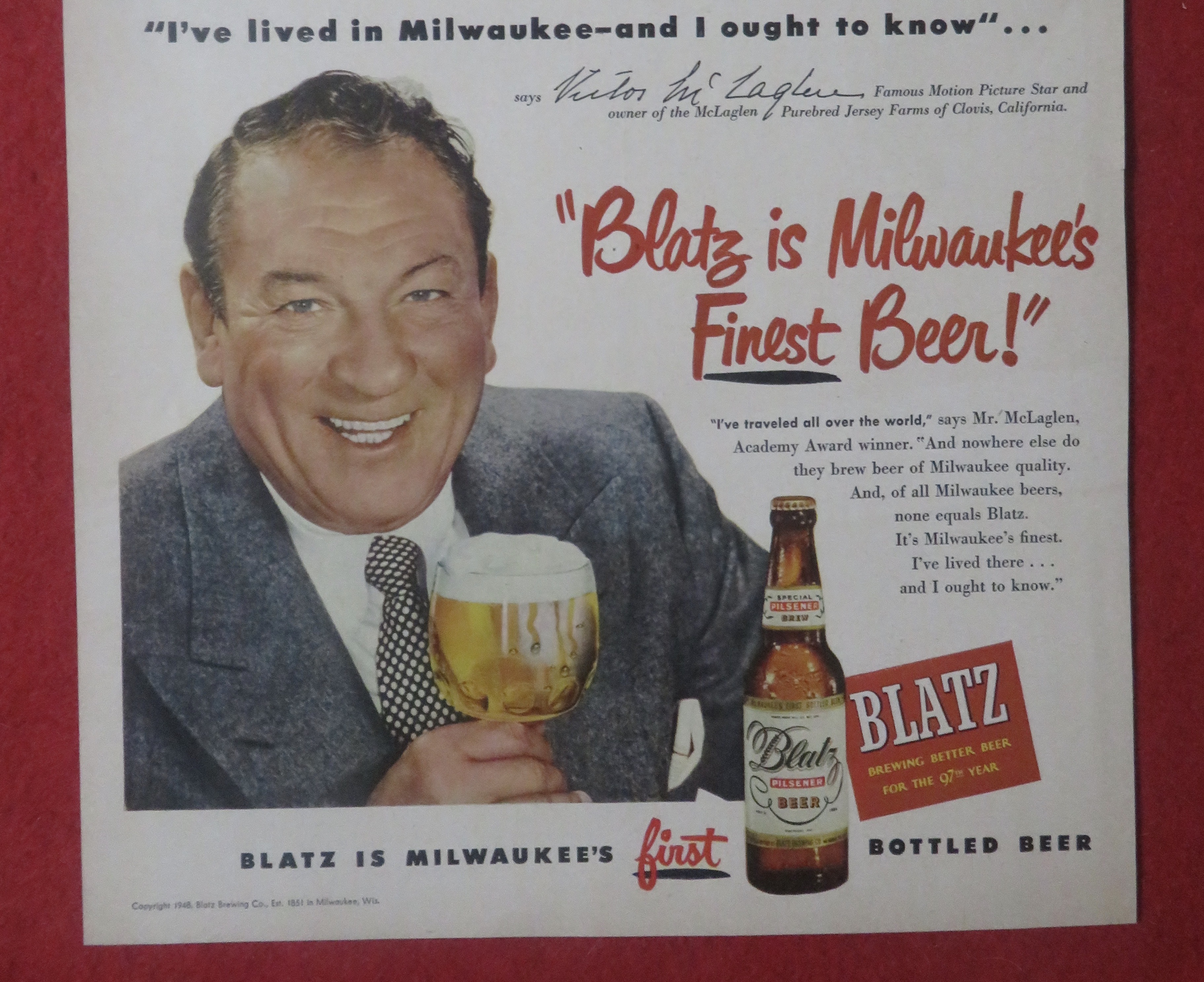 1948 Blatz Beer with Famous Motion Star Victor McLaglen