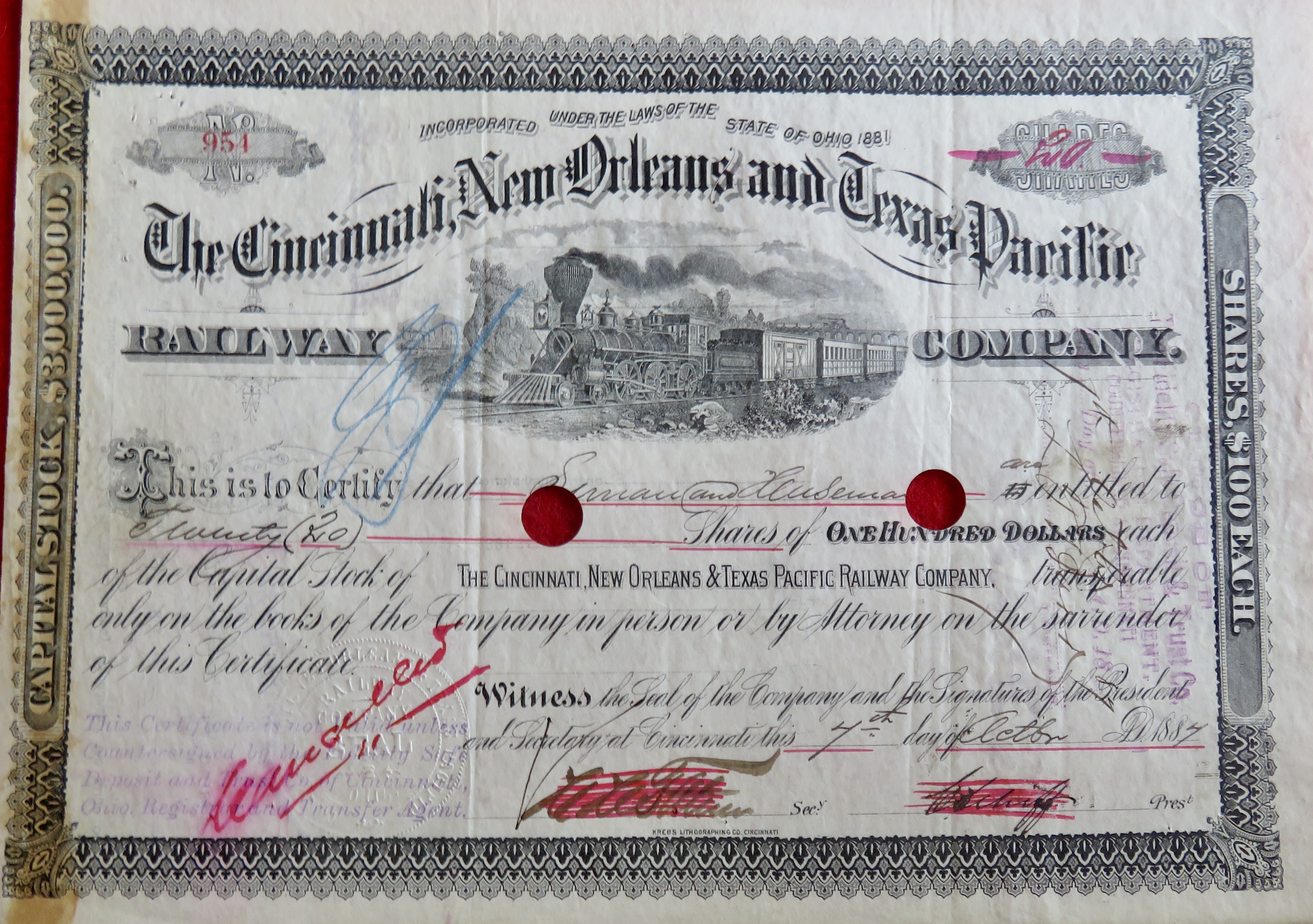 1887 The Cincinnati New Orleans & Texas Pacific Stock