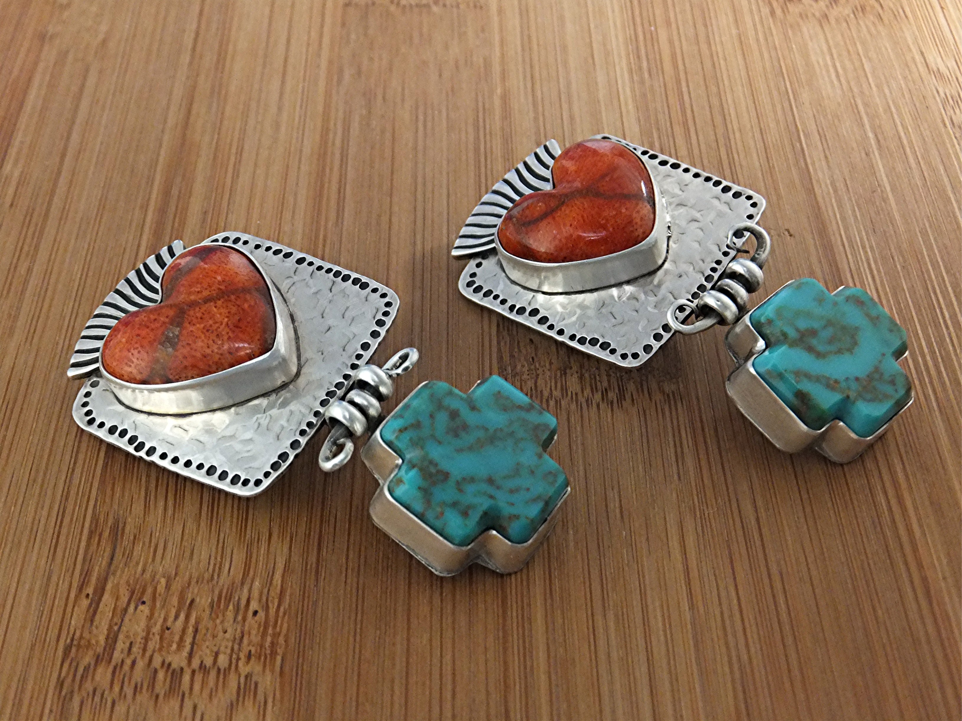 David Troutman Sterling Silver Apple Coral Turquoise Ea