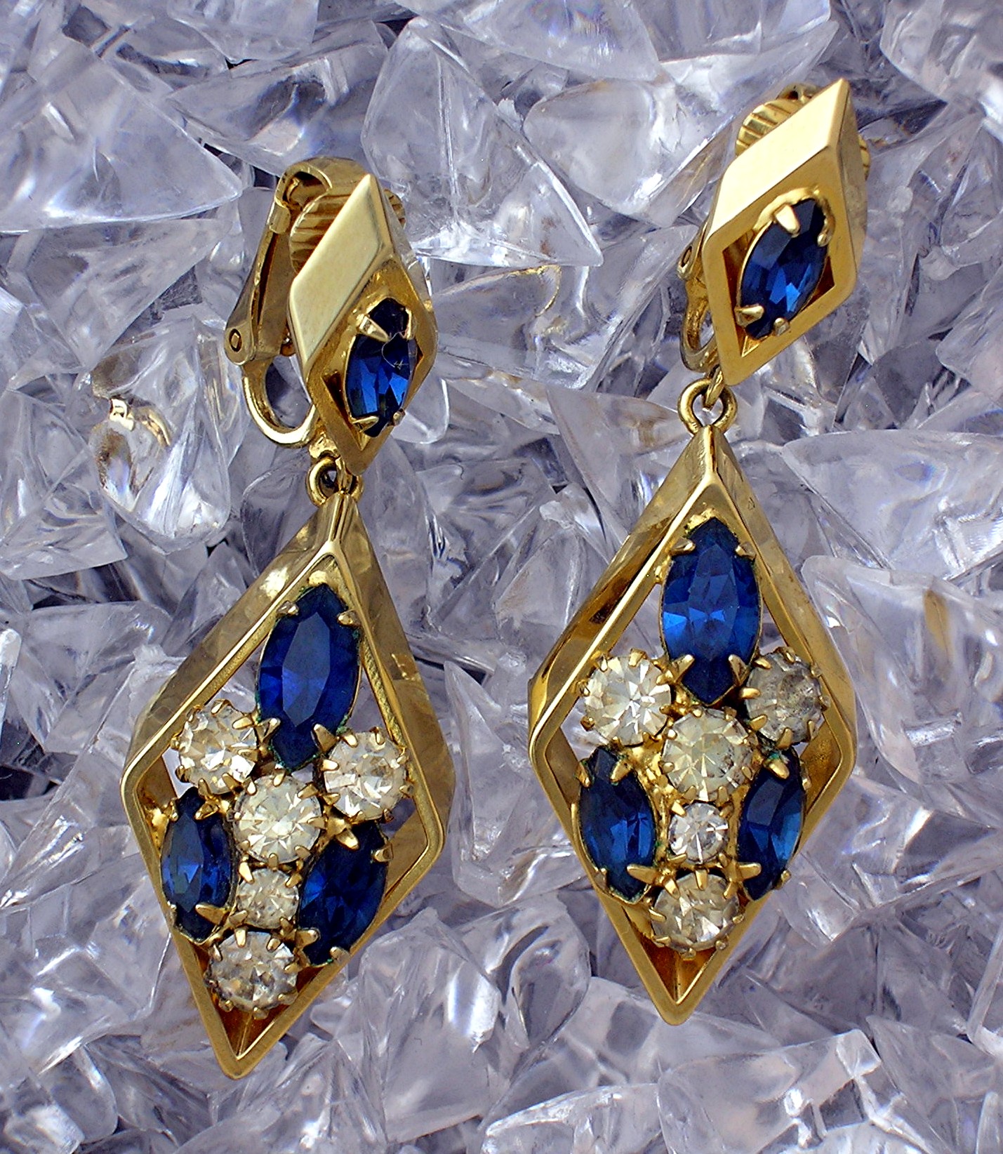 SCRAGER Sazpphire and Crystal Gold Clip Earrings..