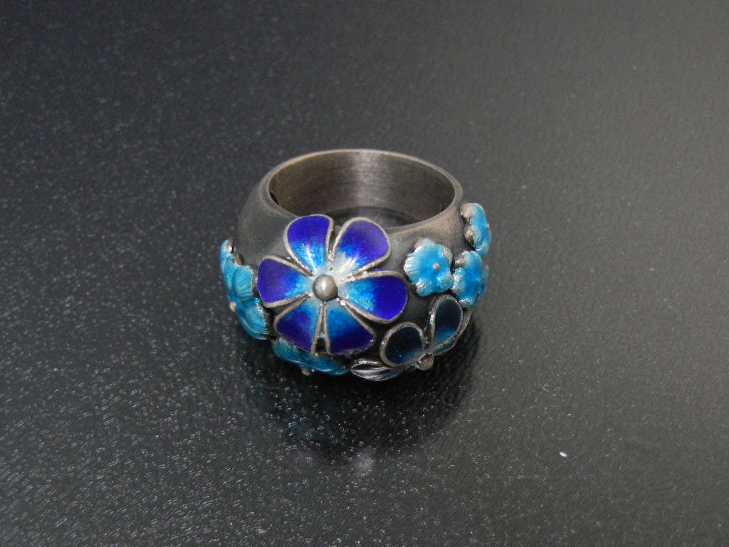 Ring Sterling Silver Enamel Blue Flowers Hand Made