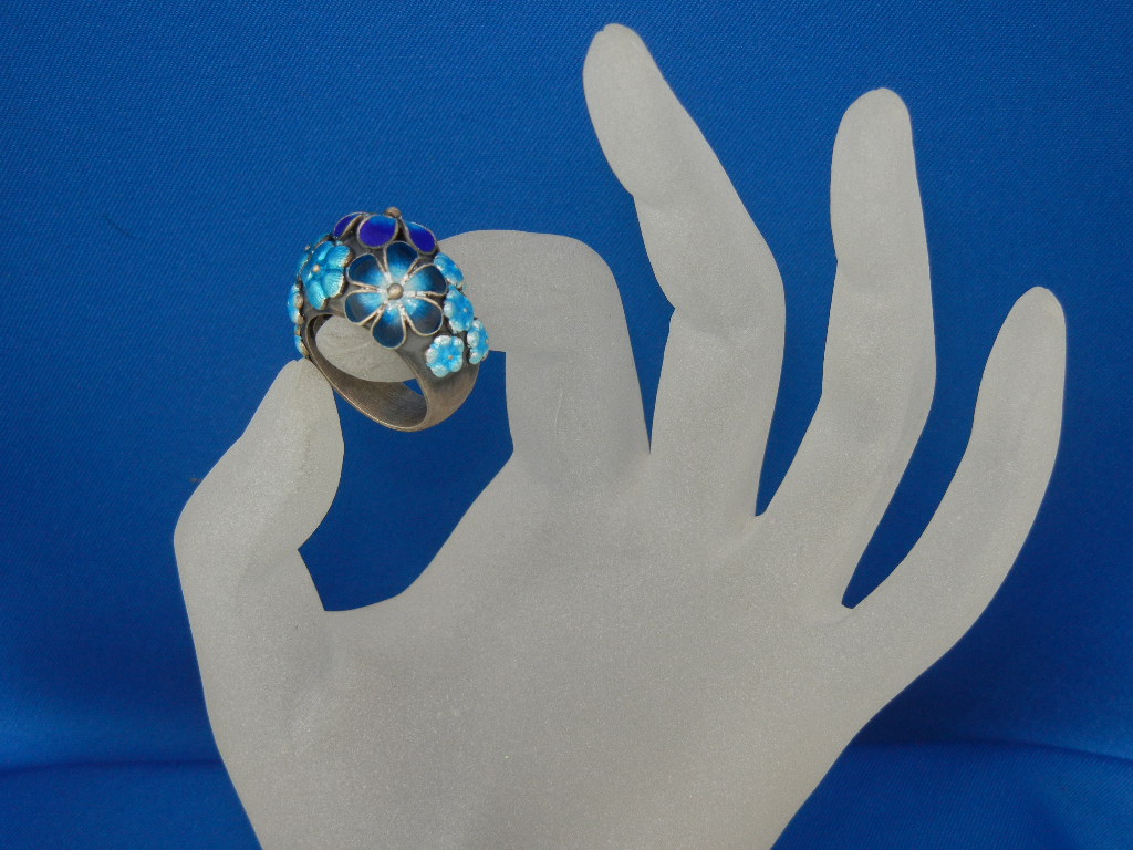 Ring Sterling Silver Enamel Blue Flowers Hand Made