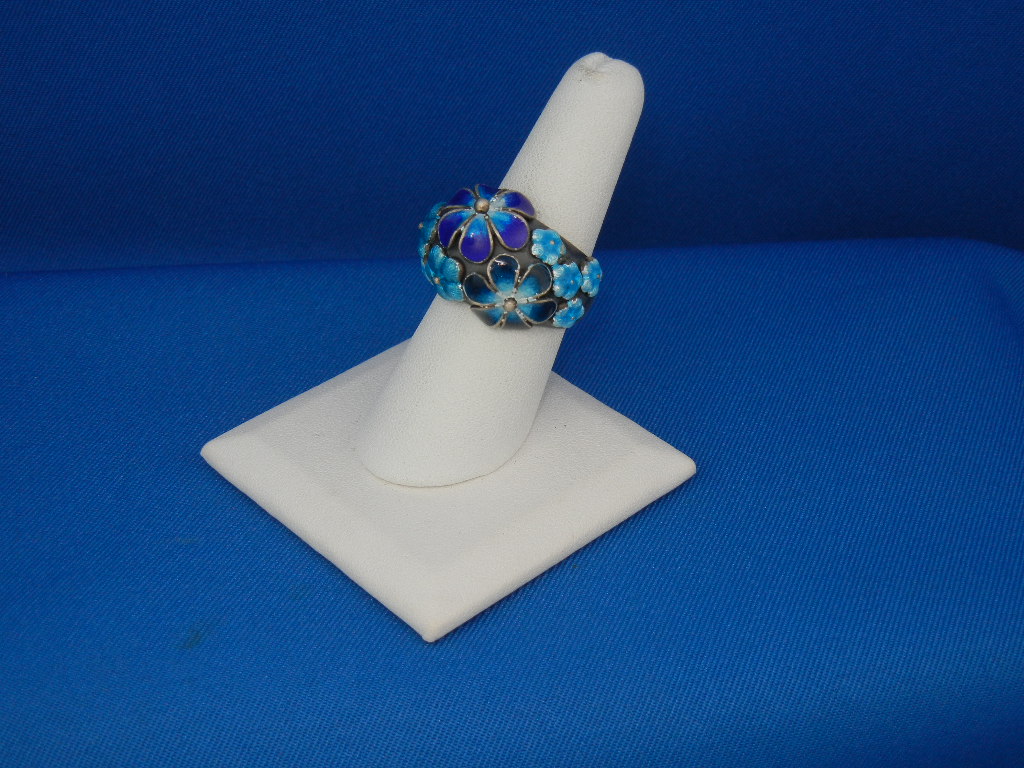 Ring Sterling Silver Enamel Blue Flowers Hand Made