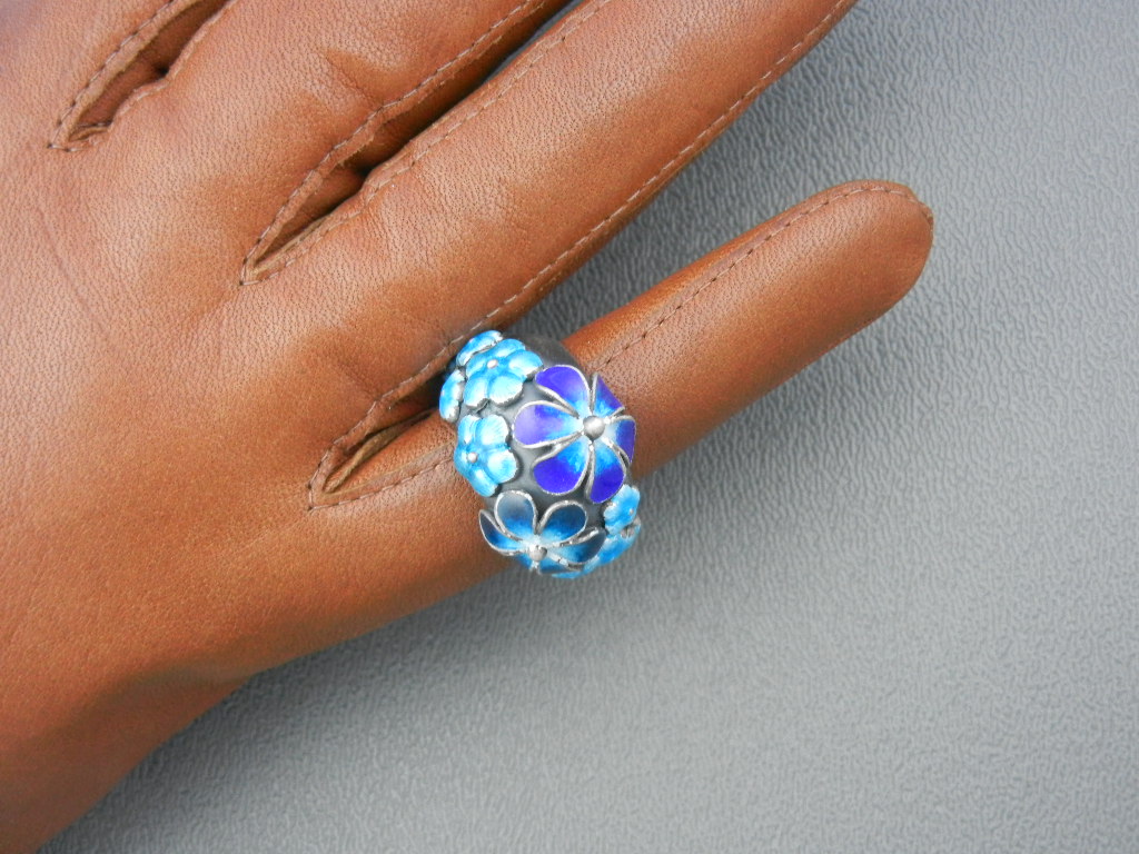 Ring Sterling Silver Enamel Blue Flowers Hand Made