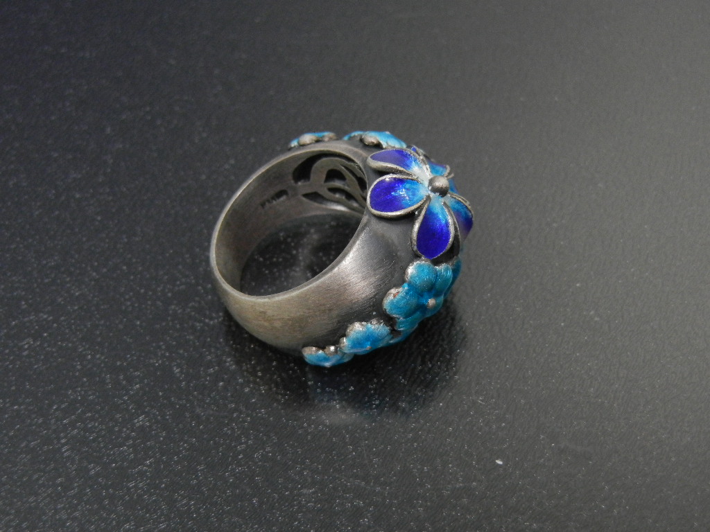 Ring Sterling Silver Enamel Blue Flowers Hand Made