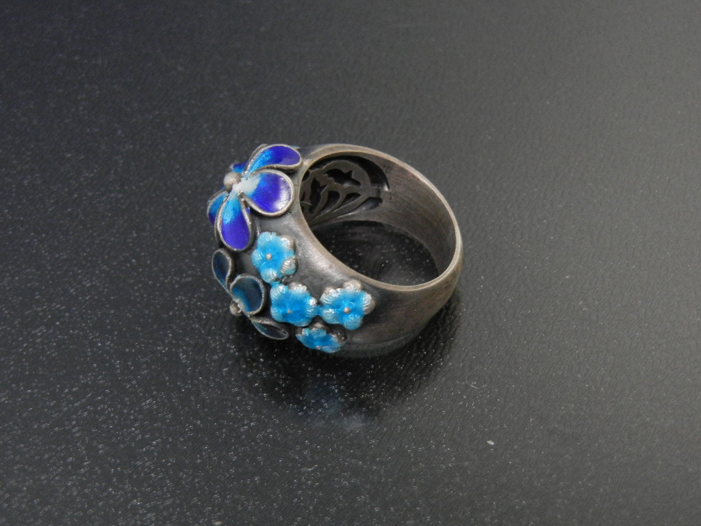 Ring Sterling Silver Enamel Blue Flowers Hand Made