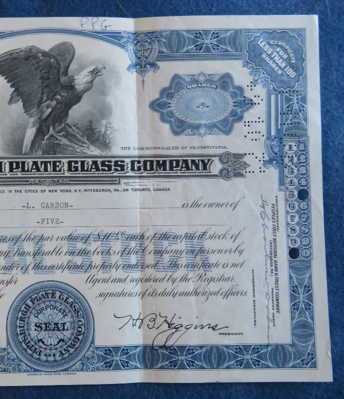 1955 Pittsburgh Plate Glass Company Stock Certificate