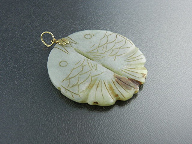 14K Gold Flower Green Jade Koi Fish Pendant