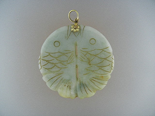 14K Gold Flower Green Jade Koi Fish Pendant