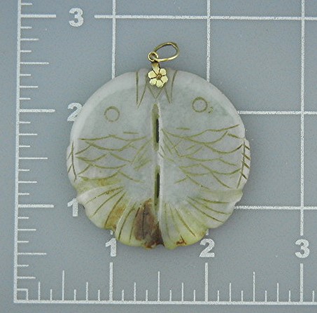 14K Gold Flower Green Jade Koi Fish Pendant