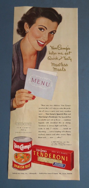 1951 Van Camp's Spanish Rice & Tenderoni with Woman Holding a Menu