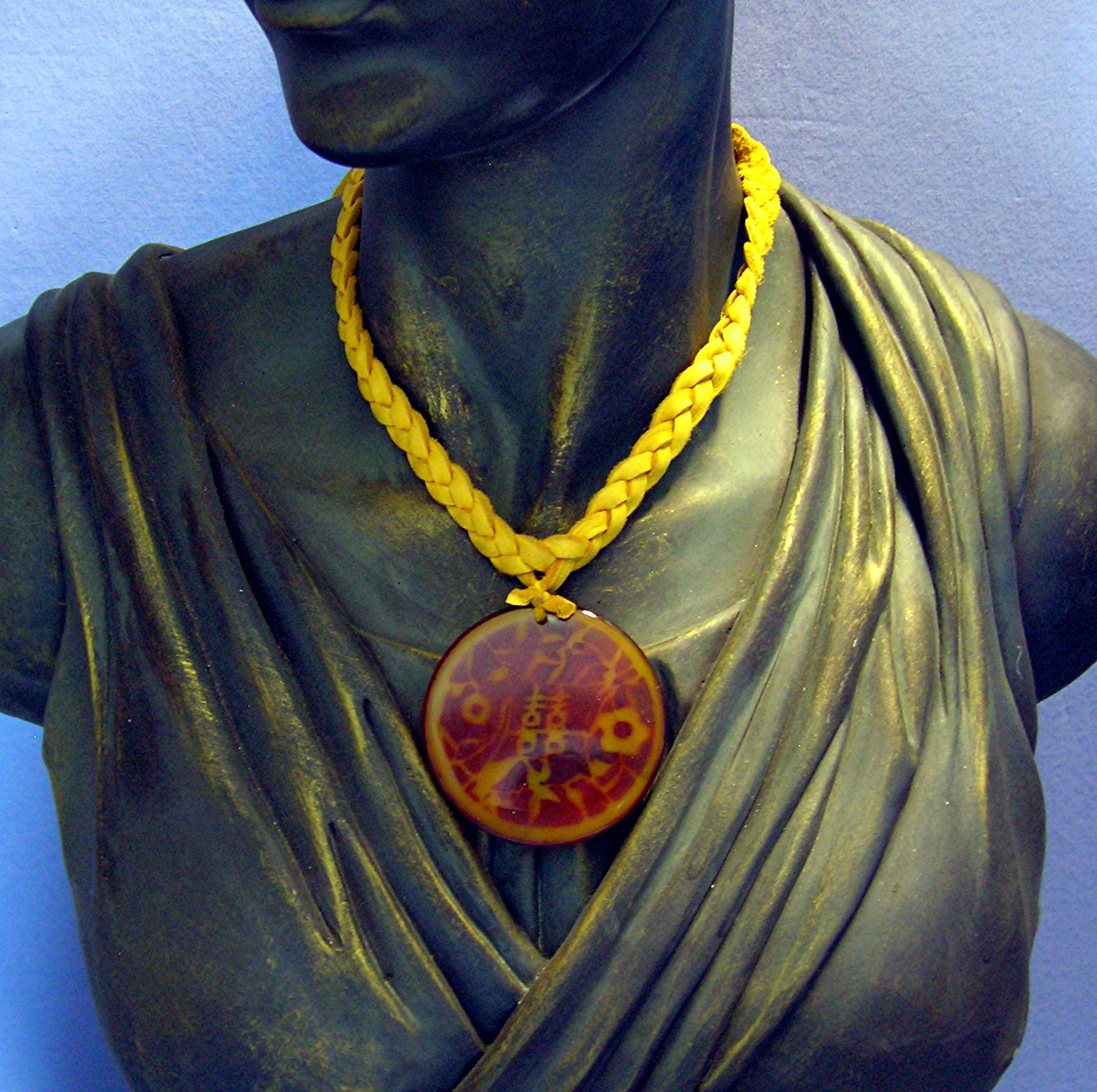 Tan Glass Oriental Pendant Leather Necklace
