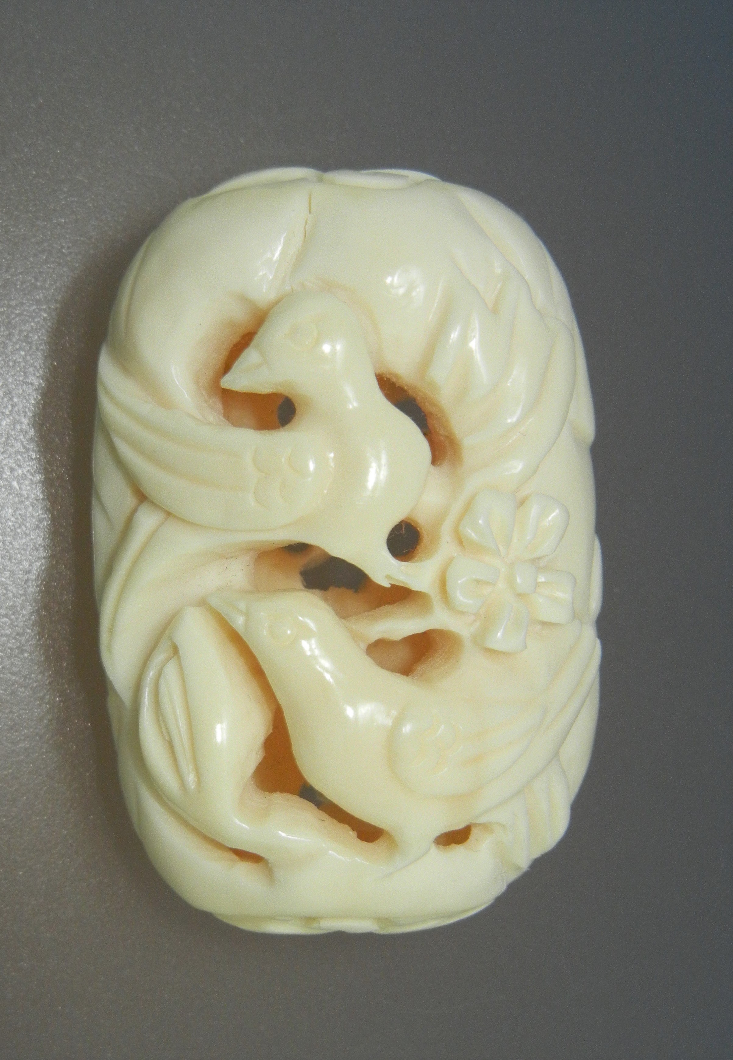 Bone Carved Bead Birds Flowers 2 Inches