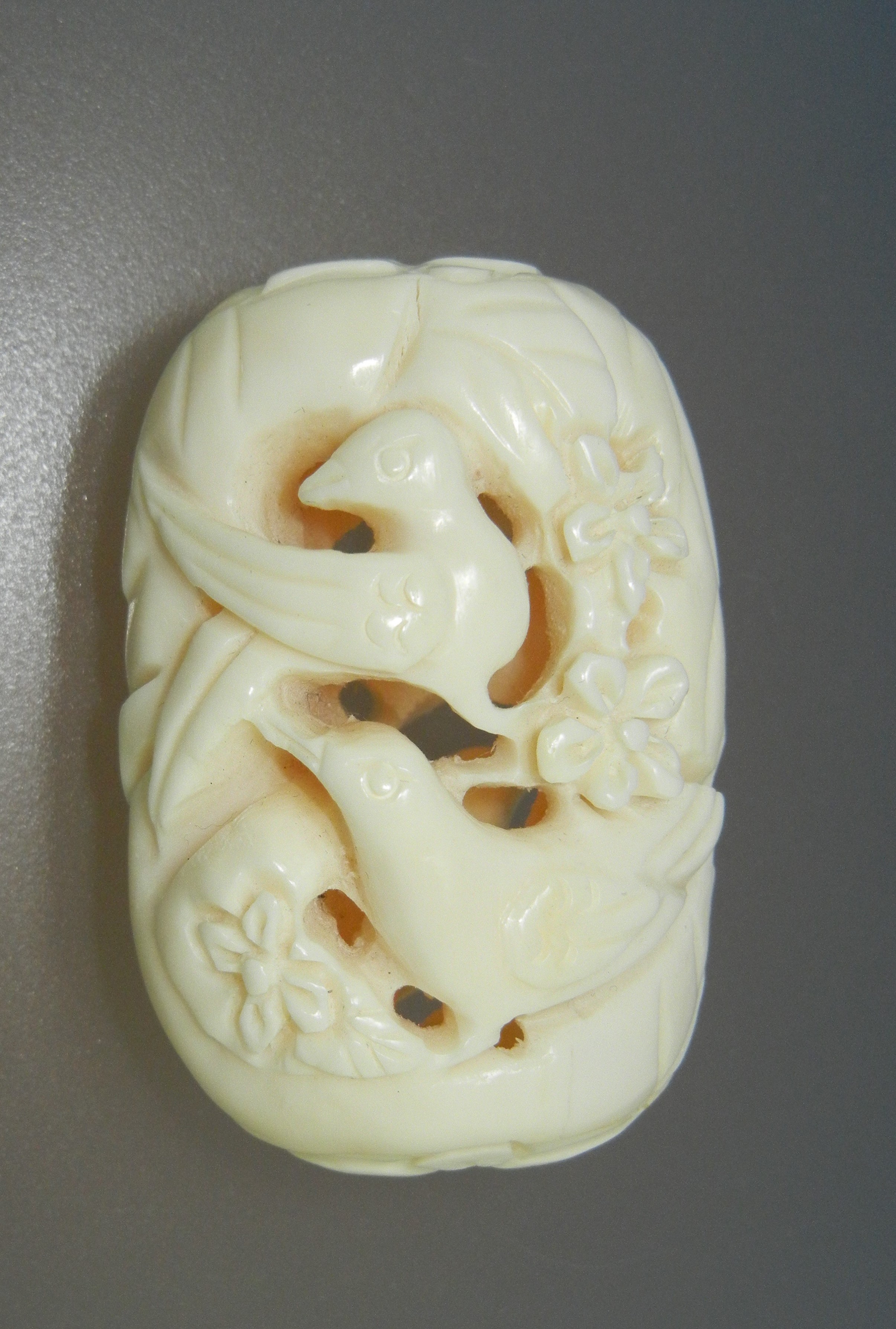 Bone Carved Bead Birds Flowers 2 Inches