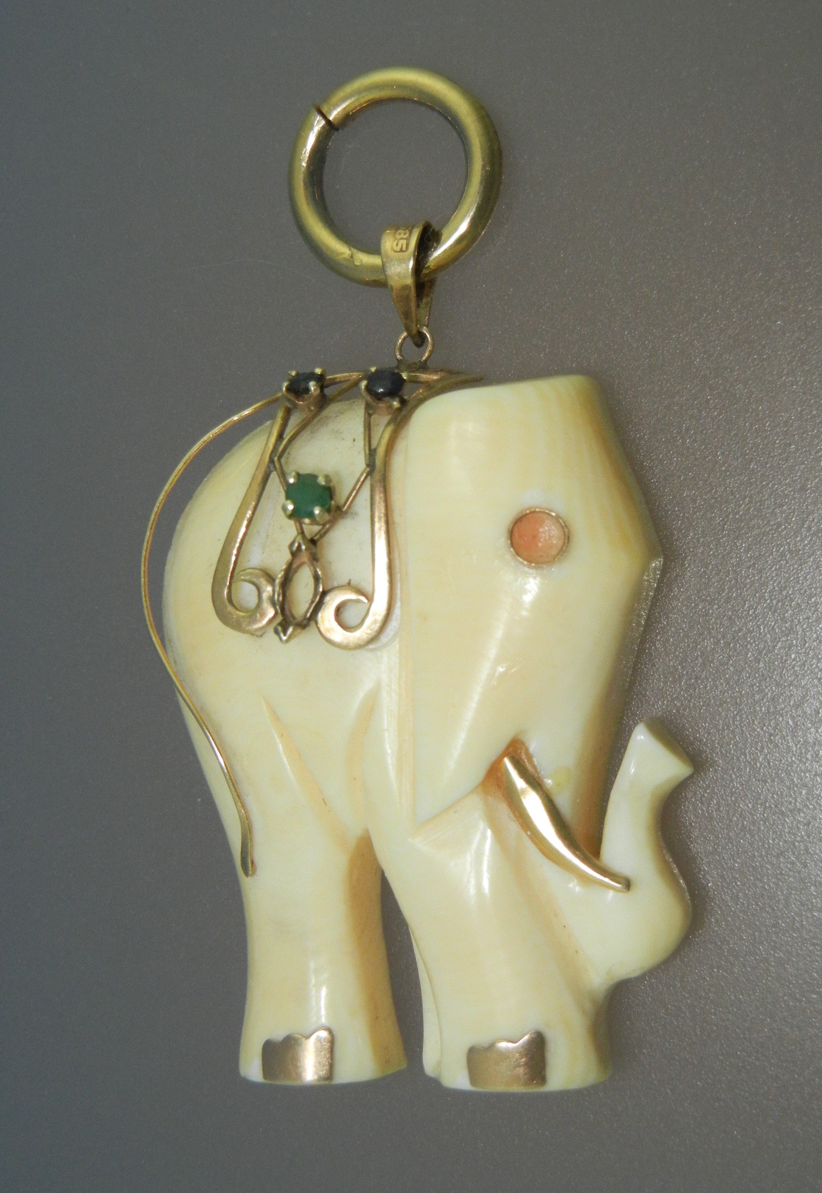 Bone Ivory 14K Gold Emerald Sapphire Elephant Pendant