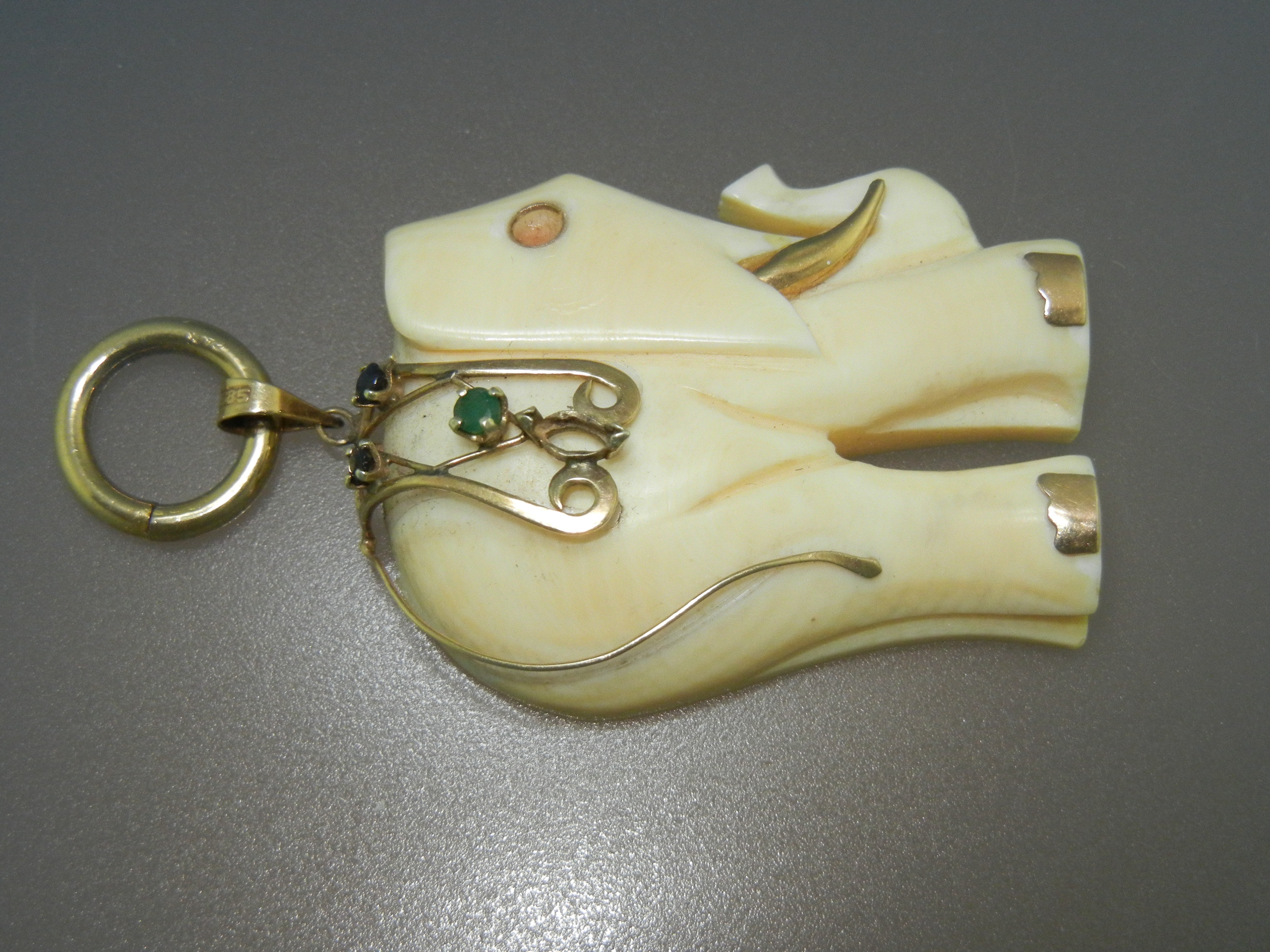 Bone Ivory 14K Gold Emerald Sapphire Elephant Pendant