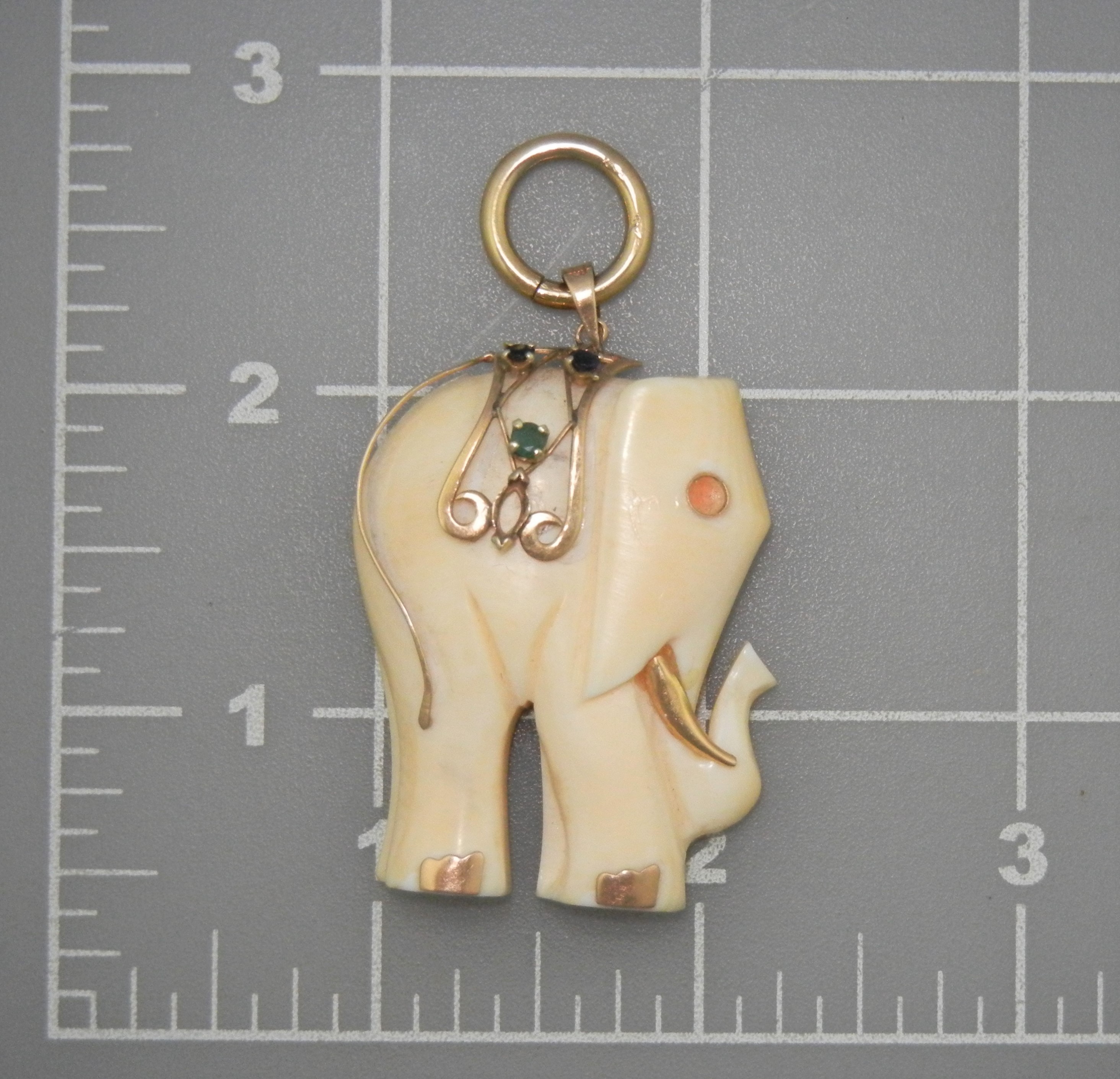 Bone Ivory 14K Gold Emerald Sapphire Elephant Pendant
