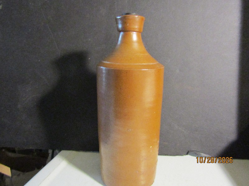 Antique Brown Glazed Stoneware Bottle - Vintage Cylindrical Pottery Crock Jug