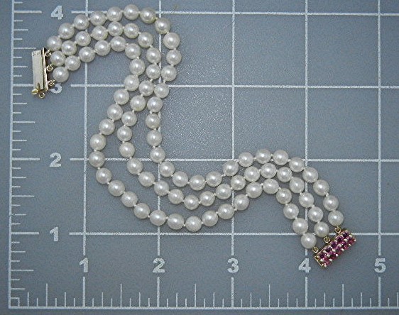 14K Gold Ruby 3 Rows 5.2mm Pearls Bracelet