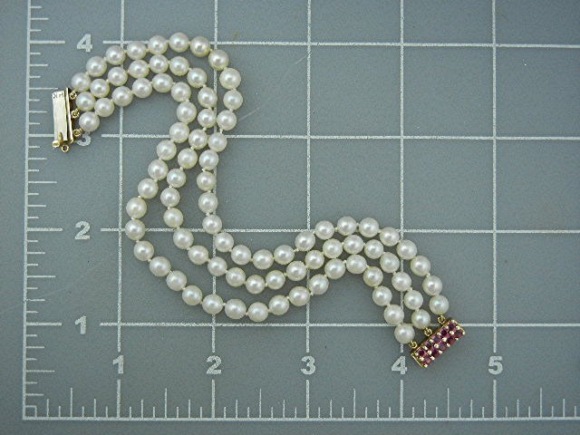 14K Gold Ruby 3 Rows 5.2mm Pearls Bracelet