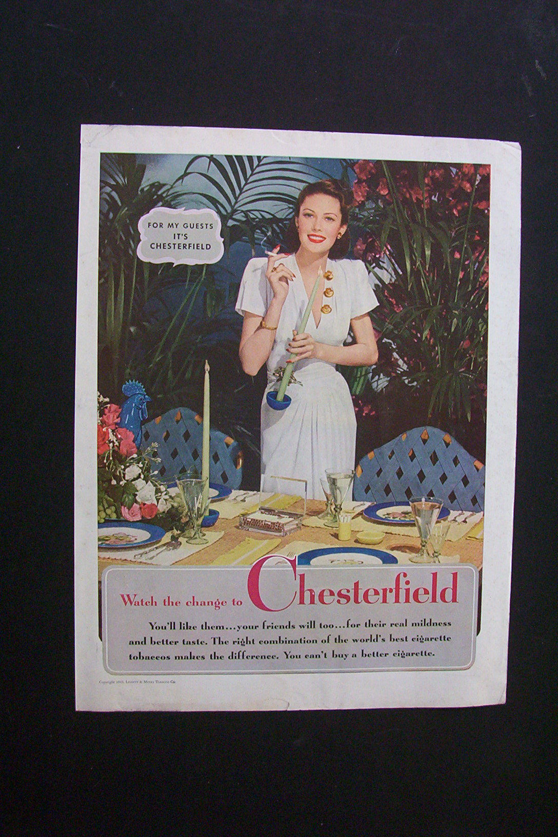 1944 Chesterfield Cigarette w Woman Lights a Cigarette