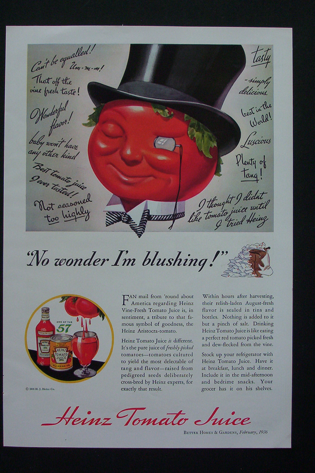 1936 Heinz Tomato Juice with Tomato Wearing Top Hat
