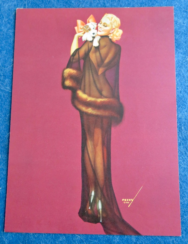 1940's Petty Pin Up Girl Wearing Lingerie While Holding A Puppy Dog With A Bow By George Petty