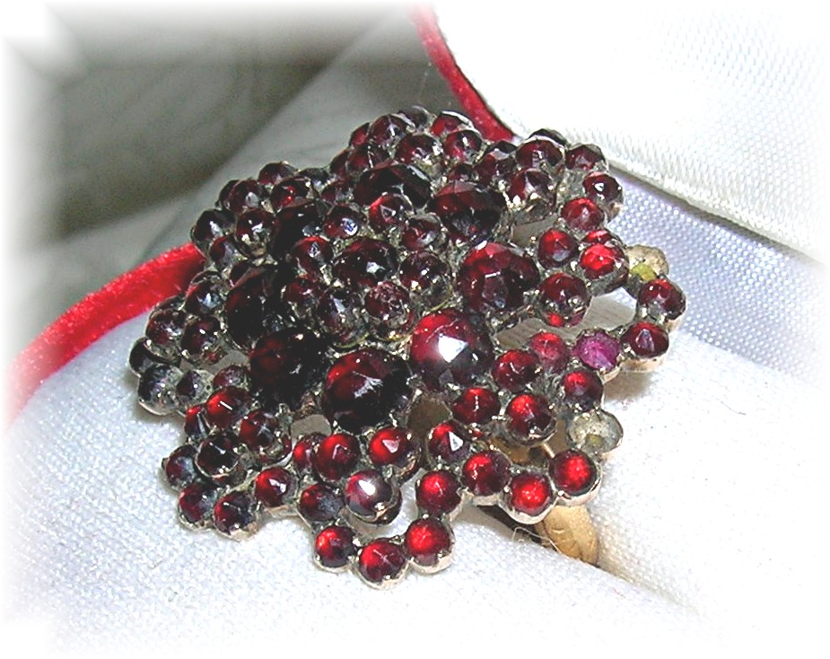 14K Gold Silver Czech Garnets Ring 1940s