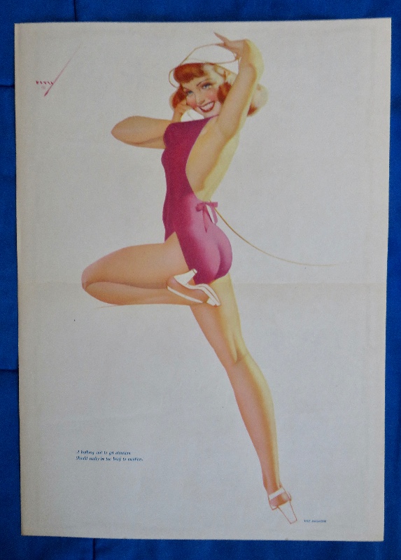 Original 1947 Sexy Pin Up Girl Wearing A Pink Bodysuit & White Hat While Talking On The Telephone By George Petty