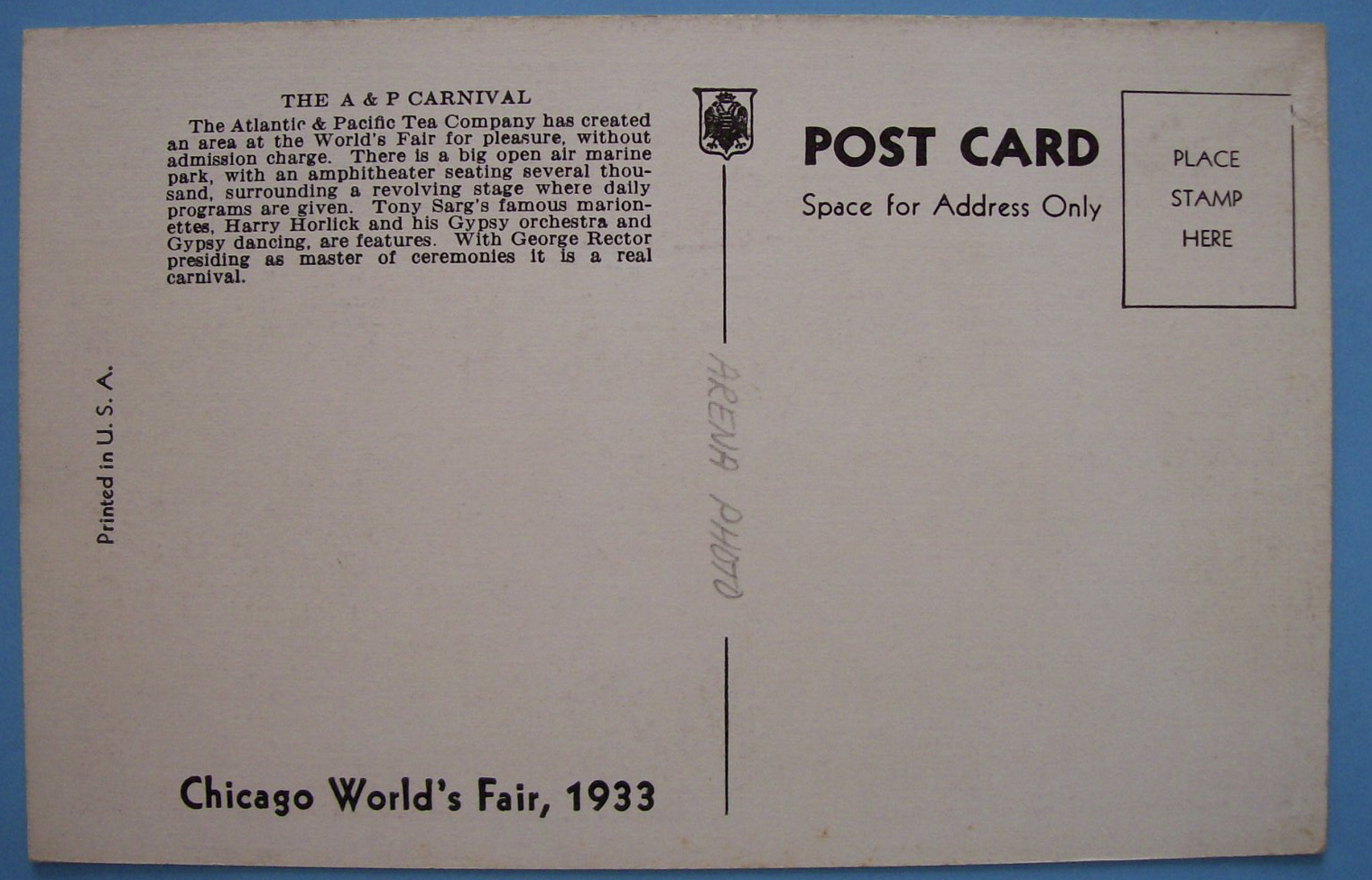 1933 Century Of Progress A & P Carnival Postcard