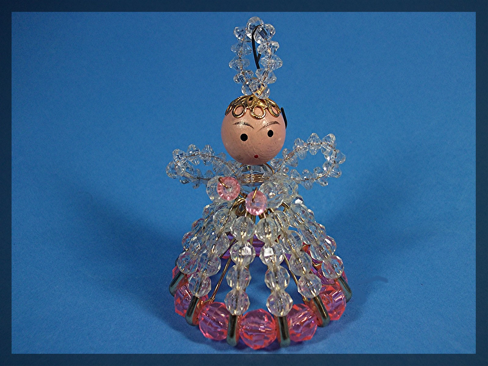 Christmas Tree Angel ornament Pink Plastic Beads 60s
