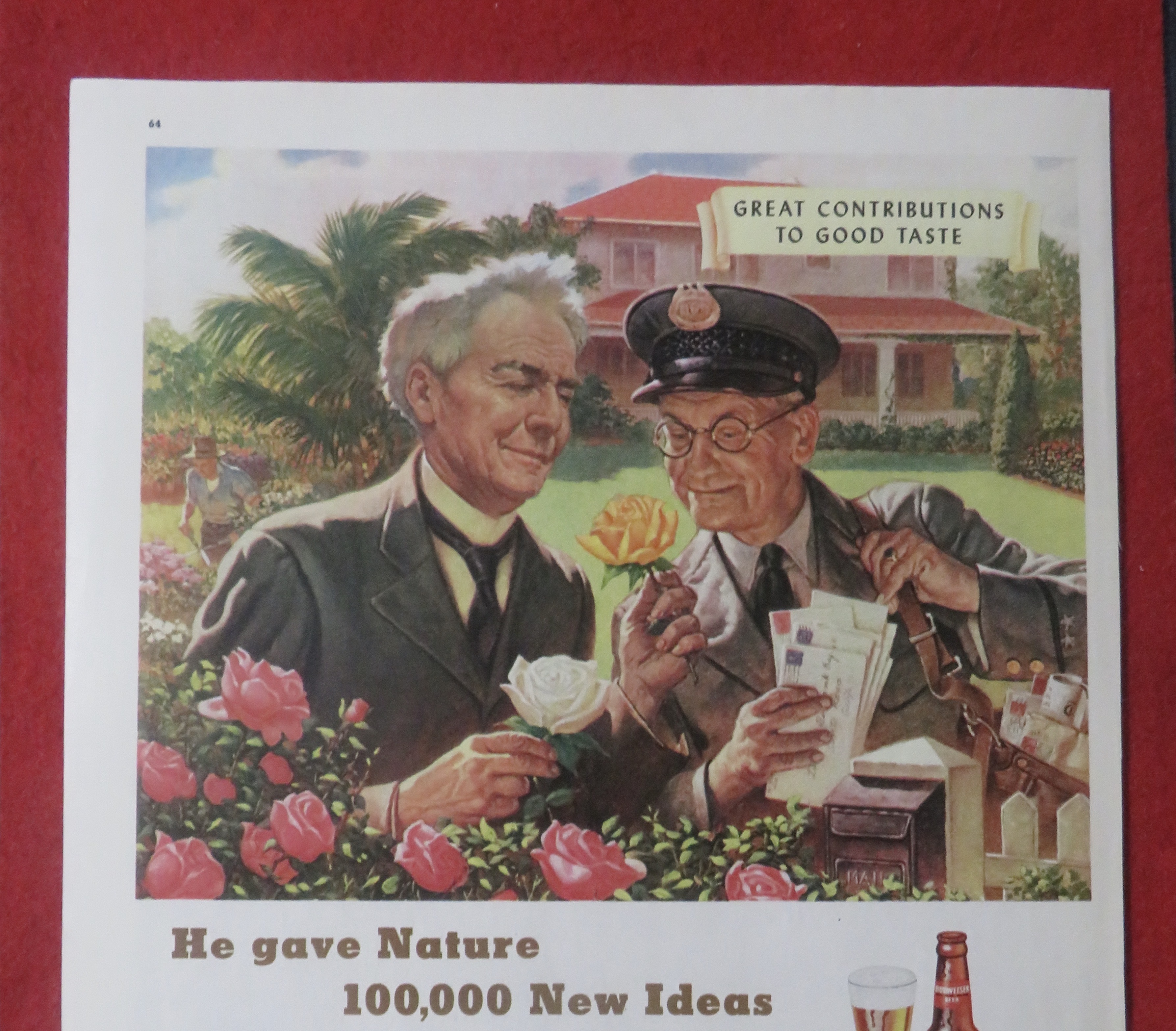 1948 Budweiser Beer with Mailman & Man Look At A Flower