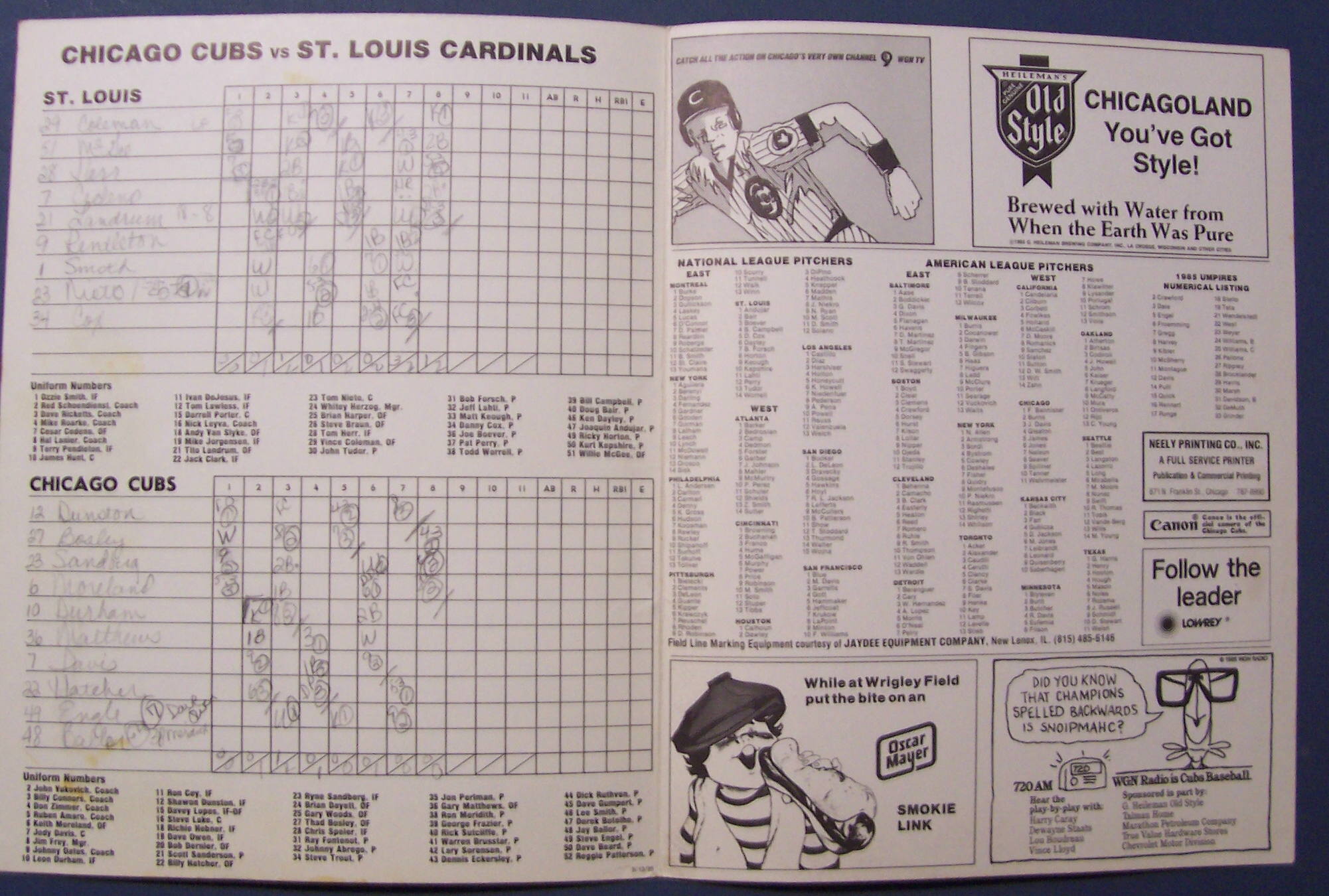 Chicago Cubs Official Scorecard - 1985